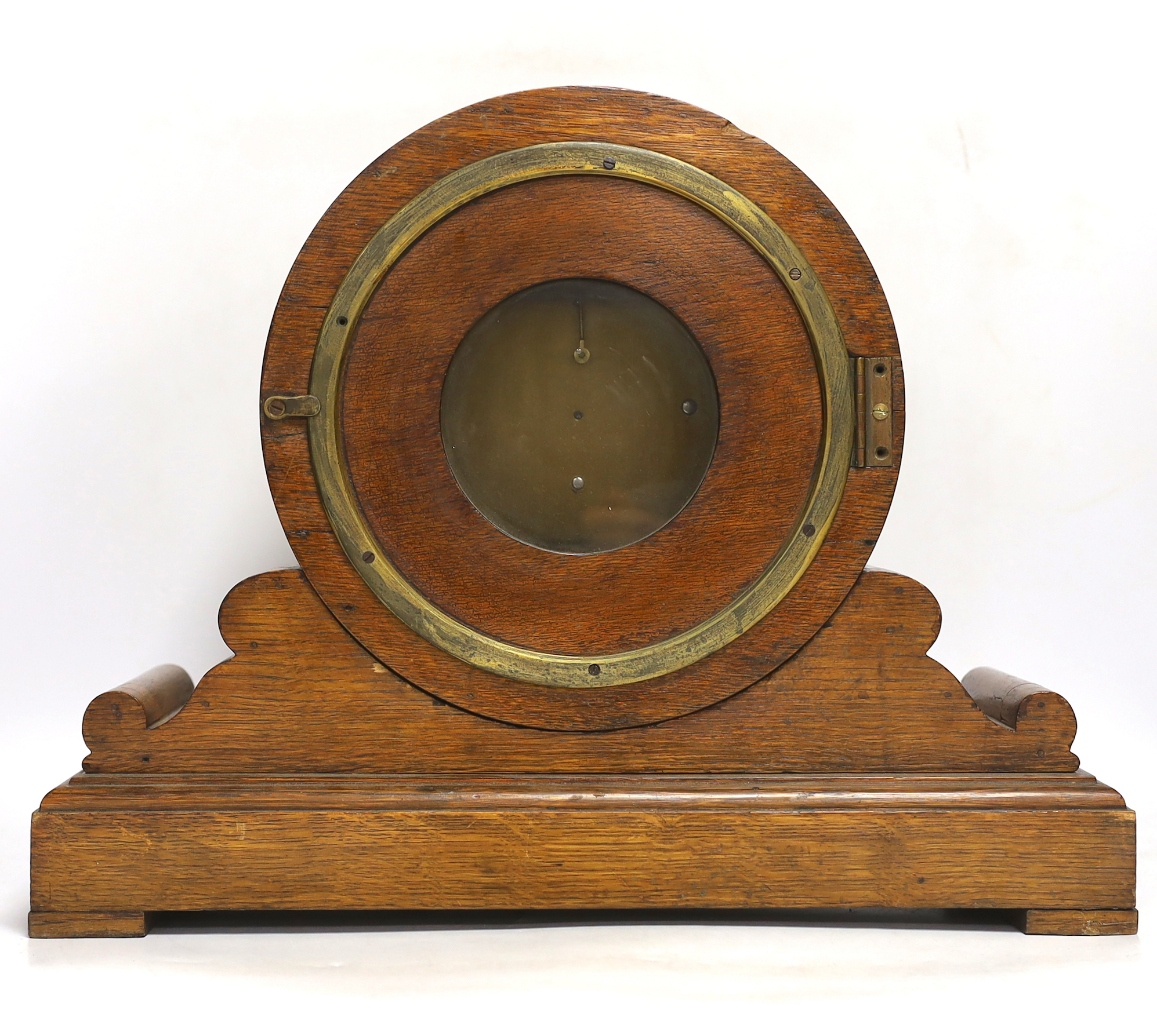 An Edwardian laminated oak single fusee mantel timepiece, A&H Rowley, 35cm high